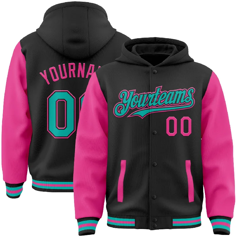 Fishing float stopper-Custom Black Aqua-Pink Bomber Full-Snap Varsity Letterman Two Tone Hoodie Jacket