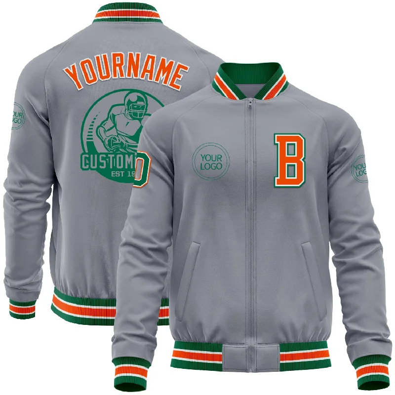 Fishing tackle transport bag-Custom Gray Kelly Green-Orange Bomber Varsity Letterman Zipper Jacket