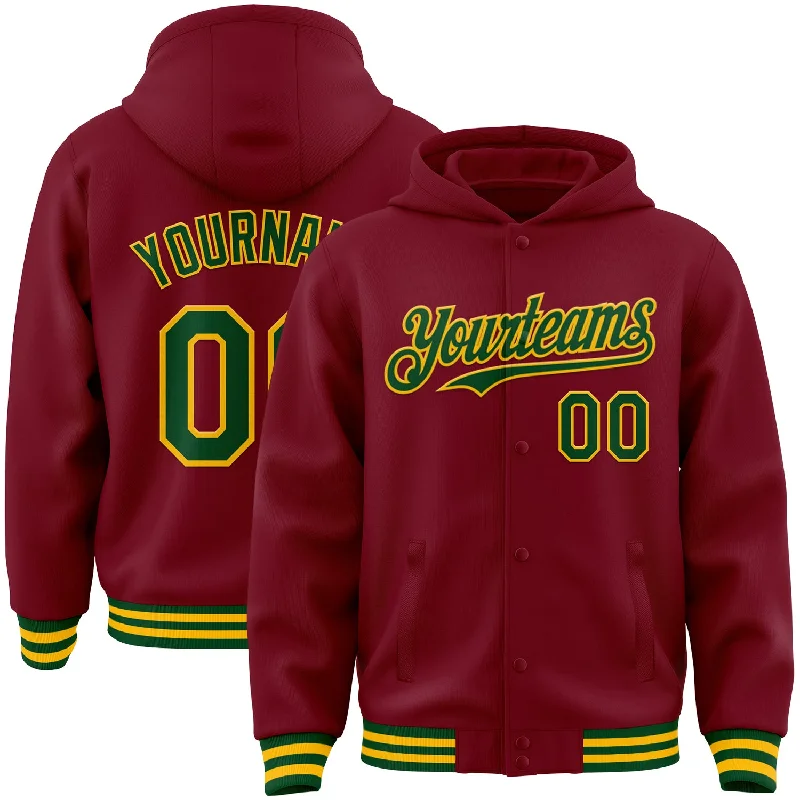 Fishing rod rack-Custom Crimson Green-Gold Bomber Full-Snap Varsity Letterman Hoodie Jacket