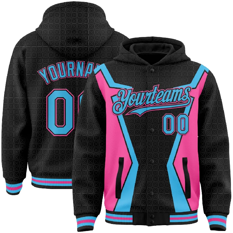 Fishing rod repair tape-Custom Black Sky Blue-Pink Arrow 3D Pattern Design Bomber Full-Snap Varsity Letterman Hoodie Jacket