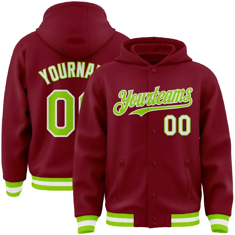 Fishing line spooler-Custom Crimson Neon Green-White Bomber Full-Snap Varsity Letterman Hoodie Jacket