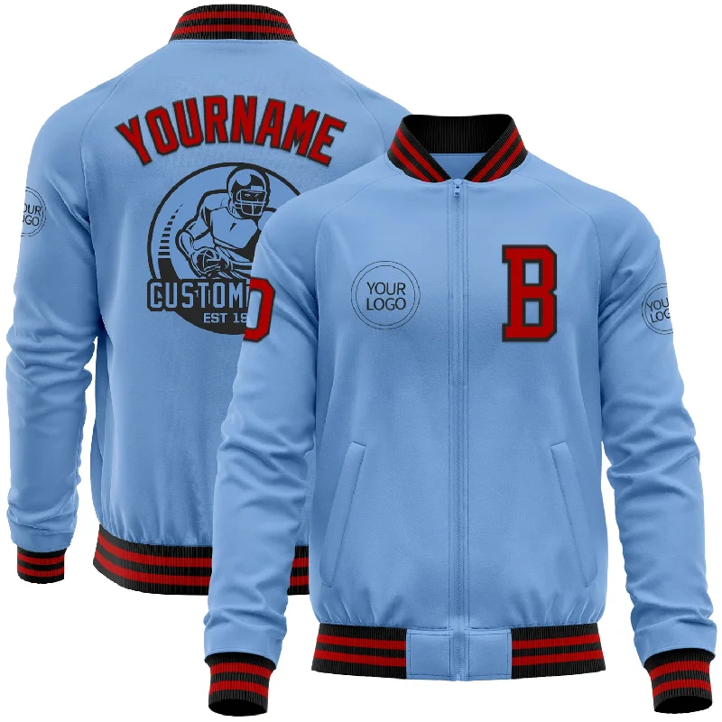 Fishing reel protector-Custom Light Blue Red-Black Bomber Varsity Letterman Zipper Jacket