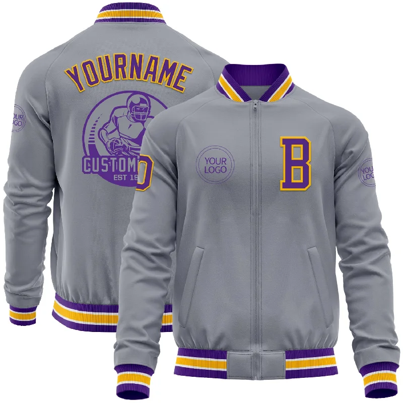 Fishing line knot tying aid-Custom Gray Purple-Gold Bomber Varsity Letterman Zipper Jacket