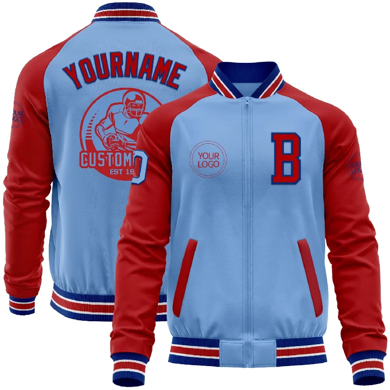 Fishing line marking device-Custom Light Blue Royal-Red Bomber Varsity Letterman Two Tone Zipper Jacket