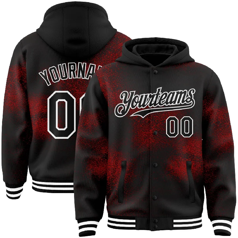 Fishing reel carrying case-Custom Black Red-White Abstract Network 3D Pattern Design Bomber Full-Snap Varsity Letterman Hoodie Jacket