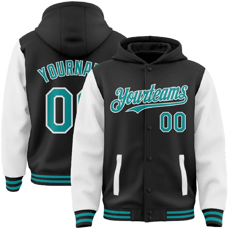 Fishing line coiler-Custom Black Teal-White Bomber Full-Snap Varsity Letterman Two Tone Hoodie Jacket