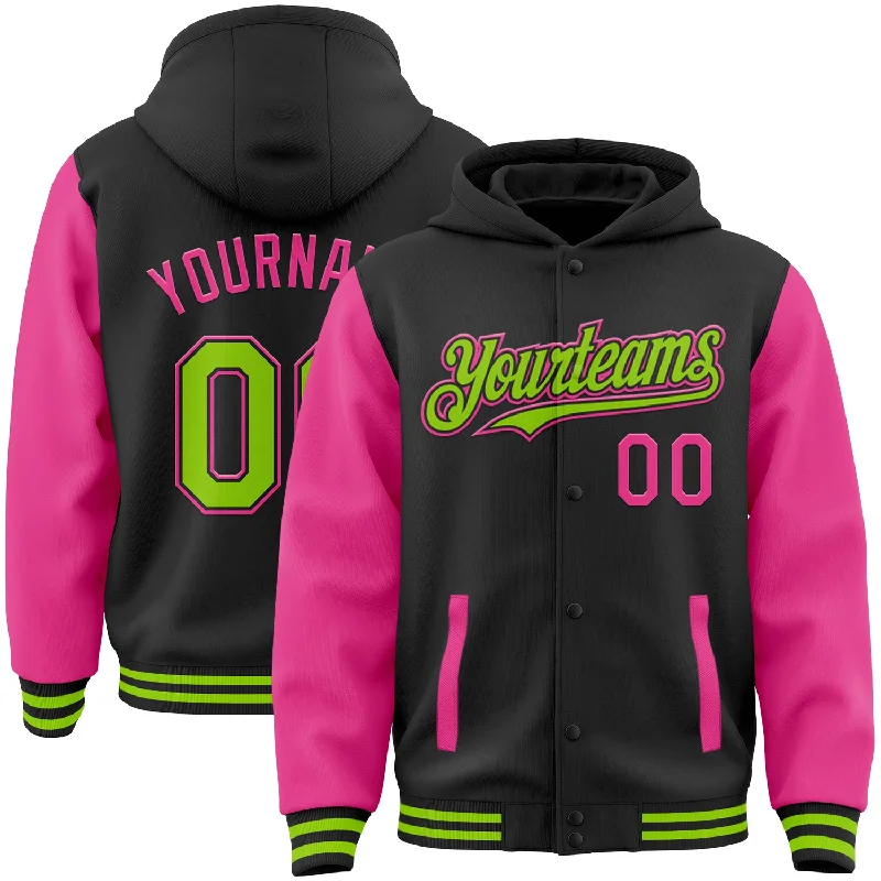 Fishing rod blank wrap-Custom Black Neon Green-Pink Bomber Full-Snap Varsity Letterman Two Tone Hoodie Jacket