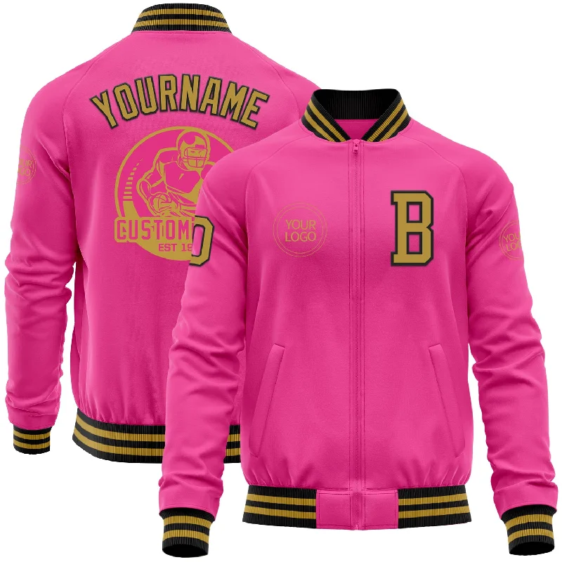 Fishing reel maintenance oil-Custom Pink Old Gold-Black Bomber Varsity Letterman Zipper Jacket