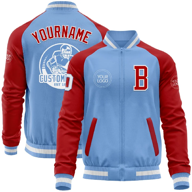 Fishing tackle storage cart-Custom Light Blue White-Red Bomber Varsity Letterman Two Tone Zipper Jacket