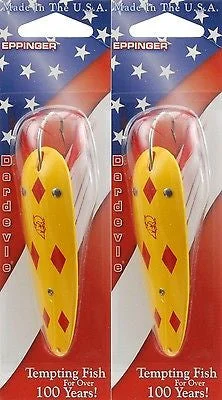 Fishing knot tying tool-Two Eppinger Dardevle Yellow w/Red Diamonds 1oz 5-17 Spoon Fishing Lures