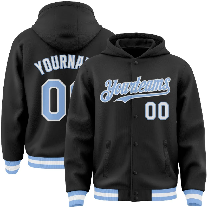 Fishing tackle transport case-Custom Black Light Blue-White Bomber Full-Snap Varsity Letterman Hoodie Jacket