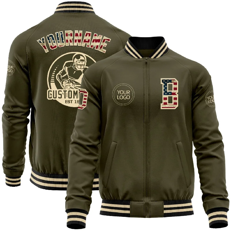 Fishing line marking device-Custom Olive Vintage USA Flag Cream-Black Bomber Varsity Letterman Salute To Service Zipper Jacket