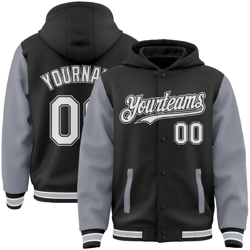 Fishing reel sleeve-Custom Black White-Gray Bomber Full-Snap Varsity Letterman Two Tone Hoodie Jacket