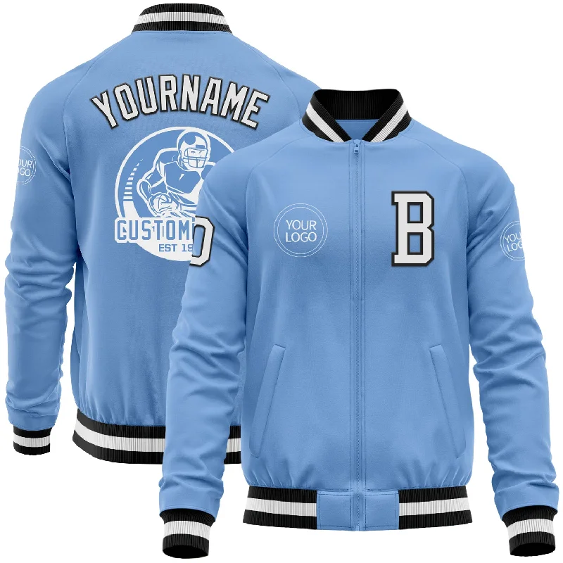 Fishing hook sharpening tool kit-Custom Light Blue White-Black Bomber Varsity Letterman Zipper Jacket