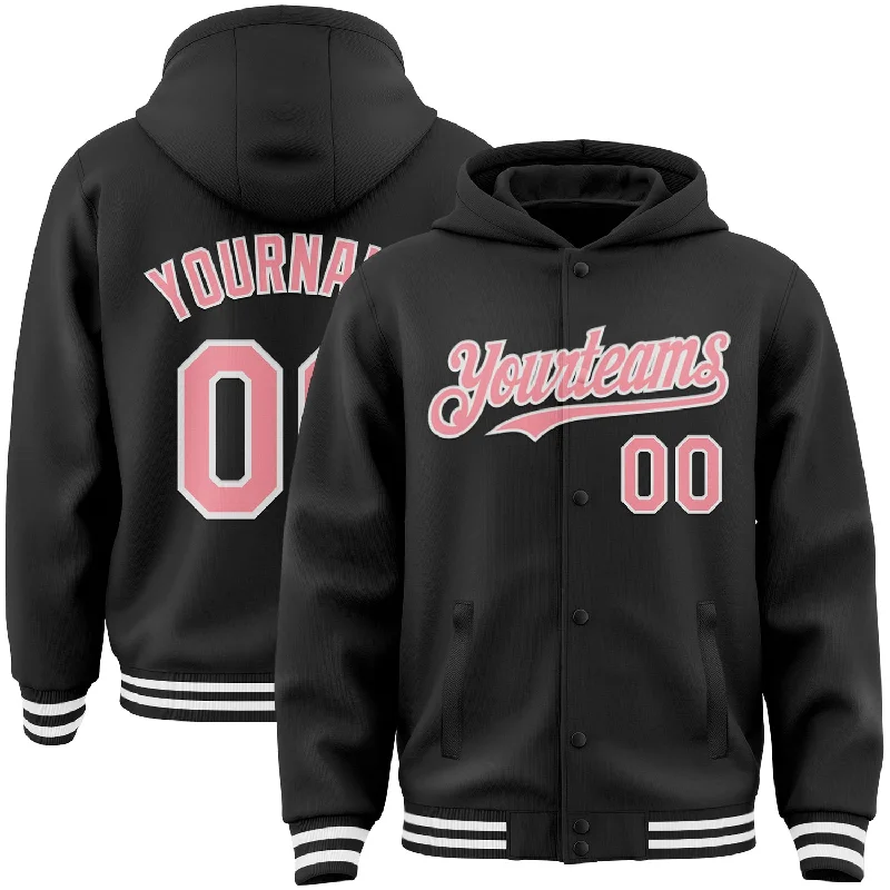 Fishing line marking device-Custom Black Medium Pink-White Bomber Full-Snap Varsity Letterman Hoodie Jacket