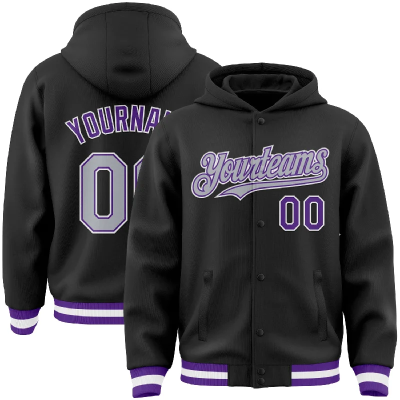 Fishing hook detaching device-Custom Black Gray-Purple Bomber Full-Snap Varsity Letterman Hoodie Jacket