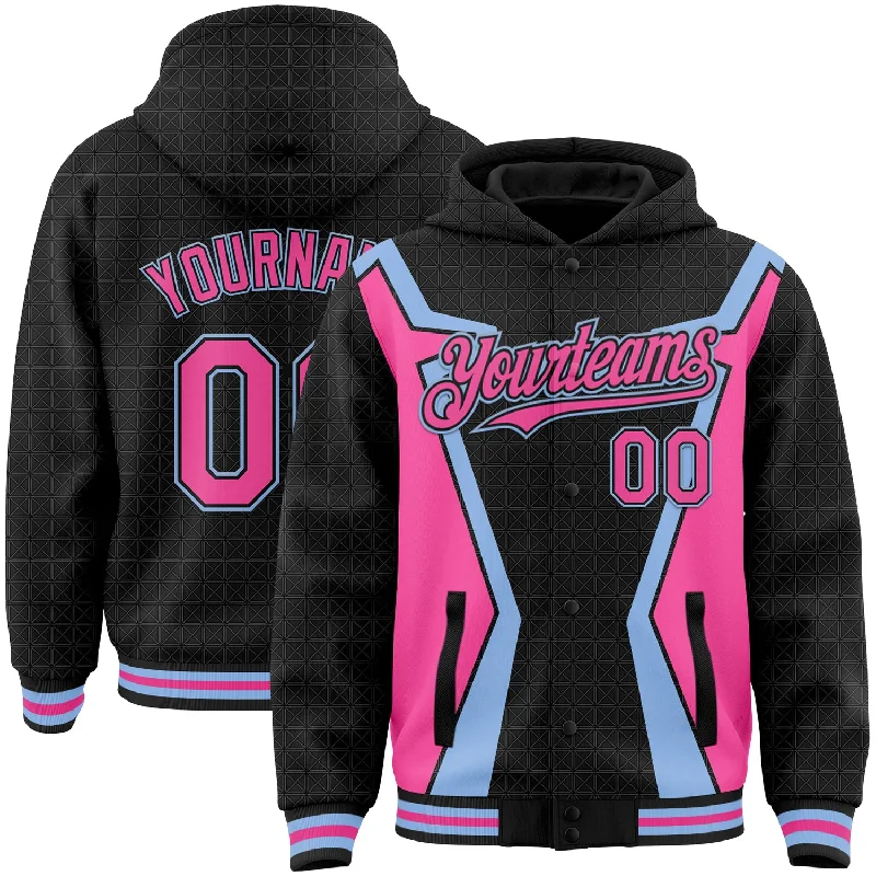 Fishing line strength tester-Custom Black Pink-Light Blue Arrow 3D Pattern Design Bomber Full-Snap Varsity Letterman Hoodie Jacket