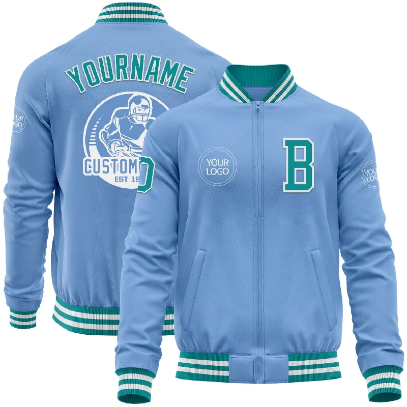 Fishing line stripper-Custom Light Blue Teal-White Bomber Varsity Letterman Zipper Jacket