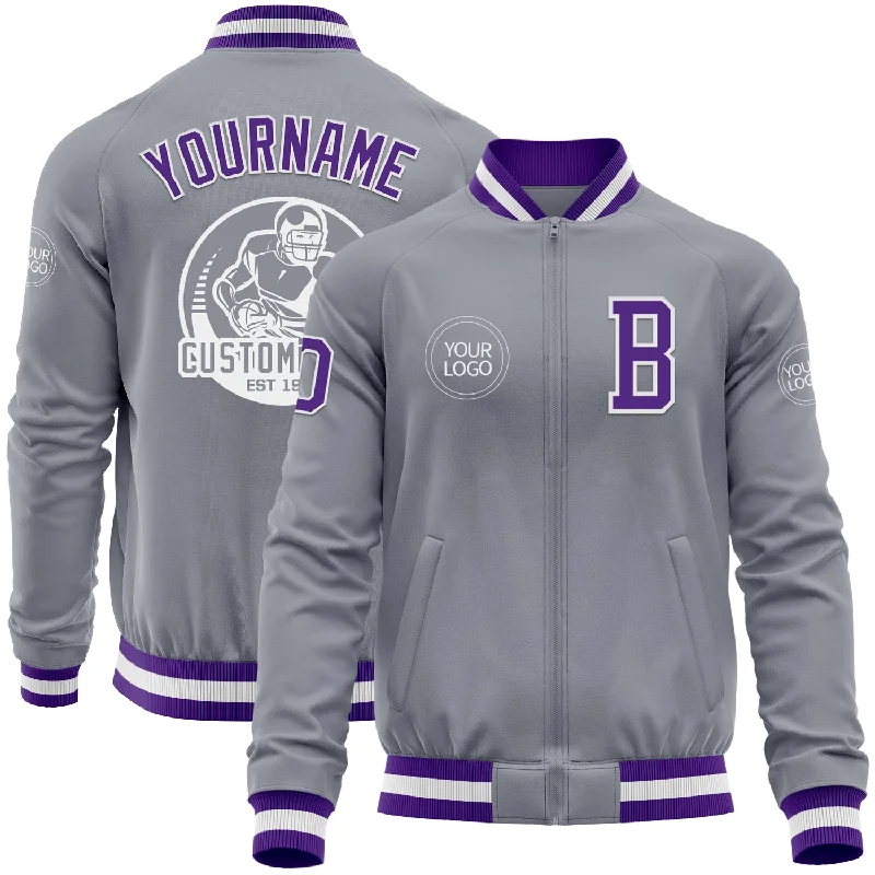 Fishing hook sharpening device-Custom Gray Purple-White Bomber Varsity Letterman Zipper Jacket