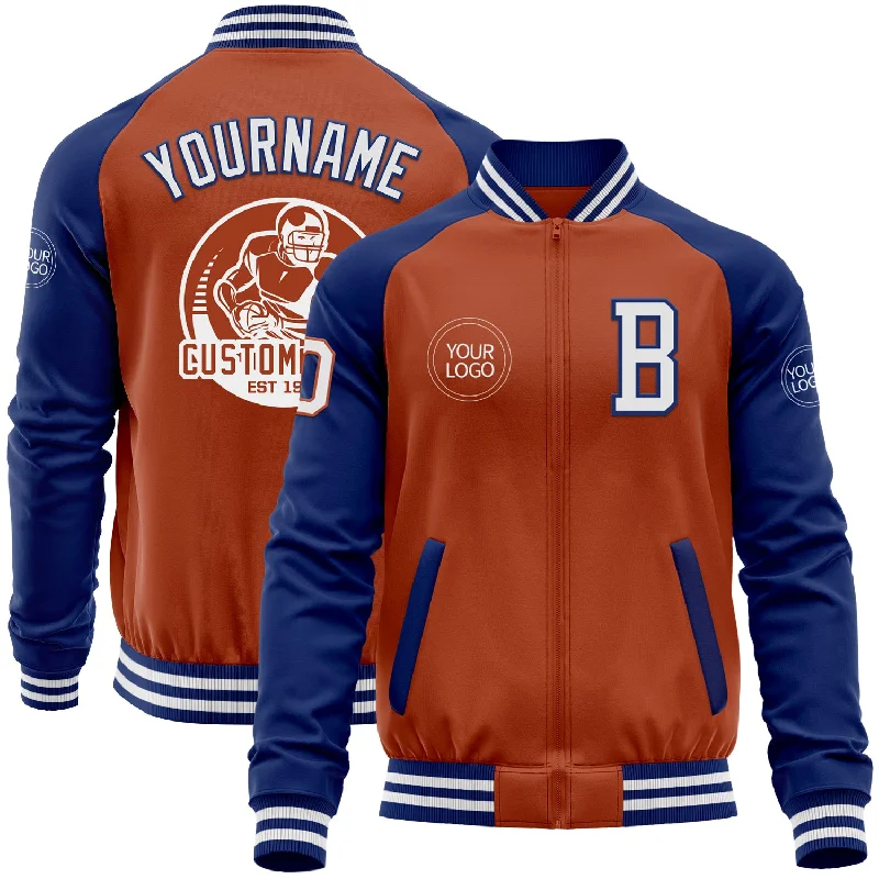 Fishing line knot tying aid-Custom Texas Orange White-Royal Bomber Varsity Letterman Two Tone Zipper Jacket