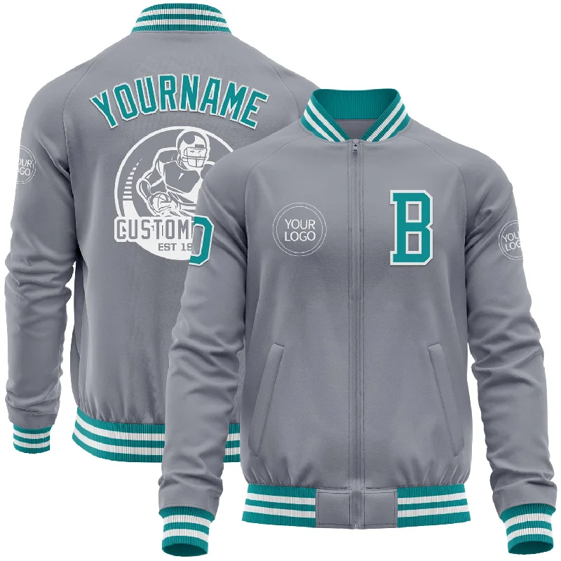 Fishing reel travel pouch-Custom Gray Teal-White Bomber Varsity Letterman Zipper Jacket