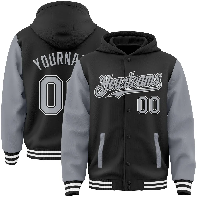 Fishing line coiling device-Custom Black Gray-White Bomber Full-Snap Varsity Letterman Two Tone Hoodie Jacket