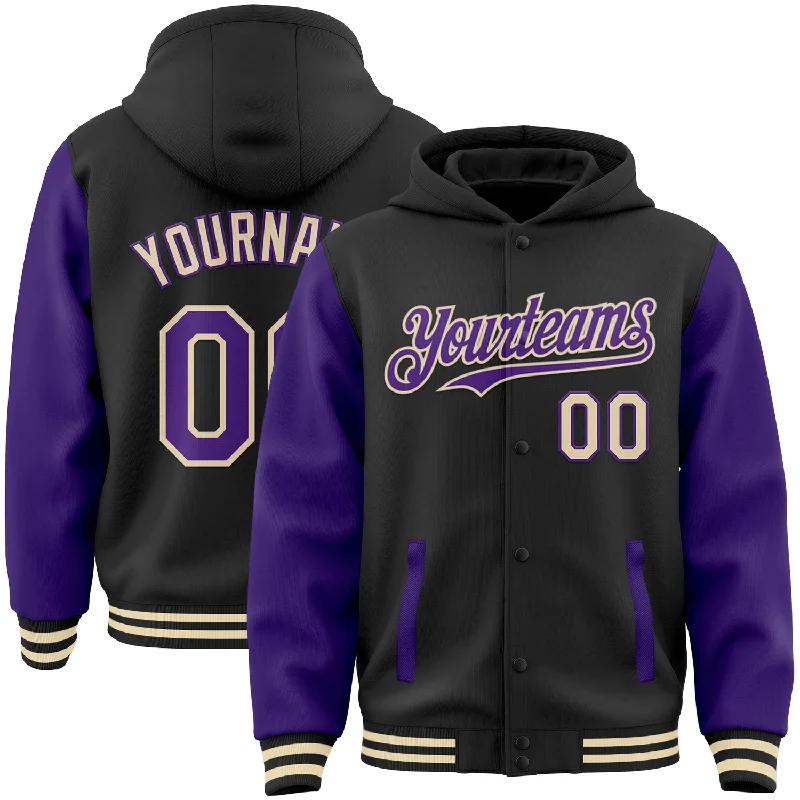 Fishing rod guide wrap-Custom Black Purple-Cream Bomber Full-Snap Varsity Letterman Two Tone Hoodie Jacket