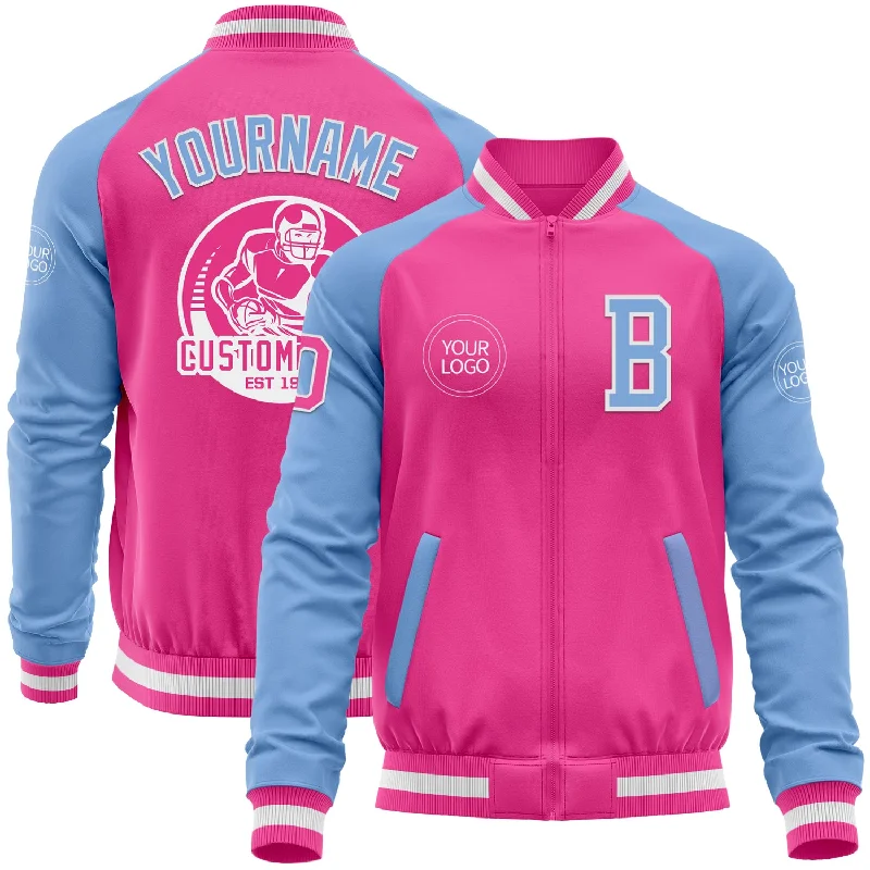 Fishing reel case-Custom Pink White-Light Blue Bomber Varsity Letterman Two Tone Zipper Jacket