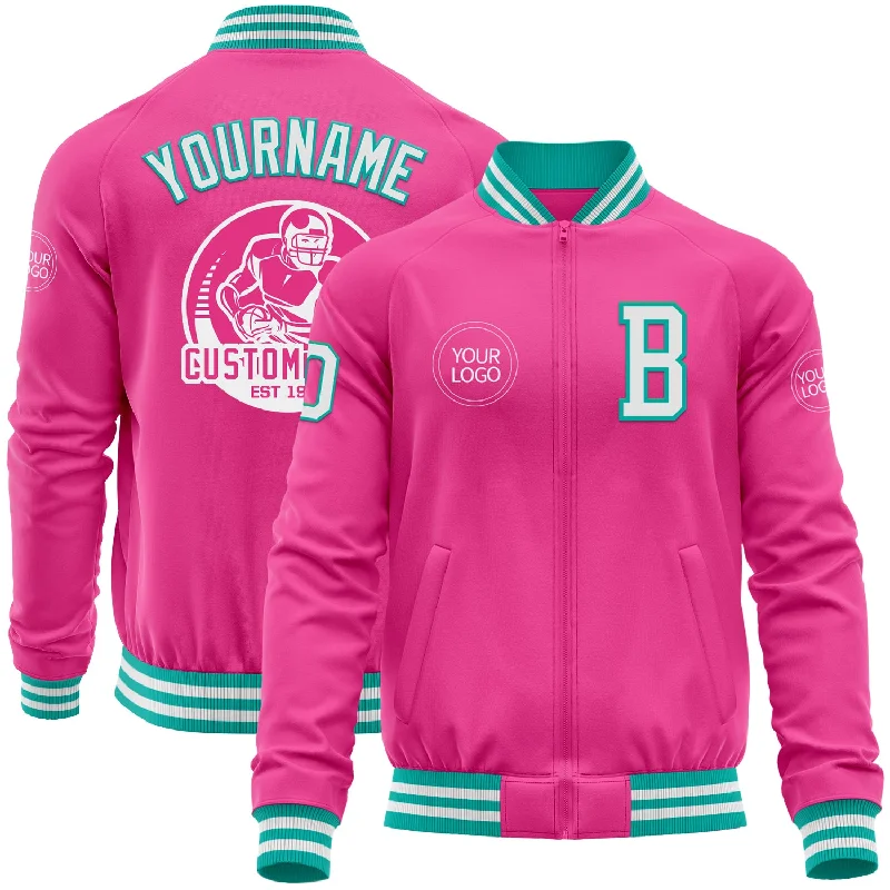 Fishing reel servicing kit-Custom Pink White-Aqua Bomber Varsity Letterman Zipper Jacket