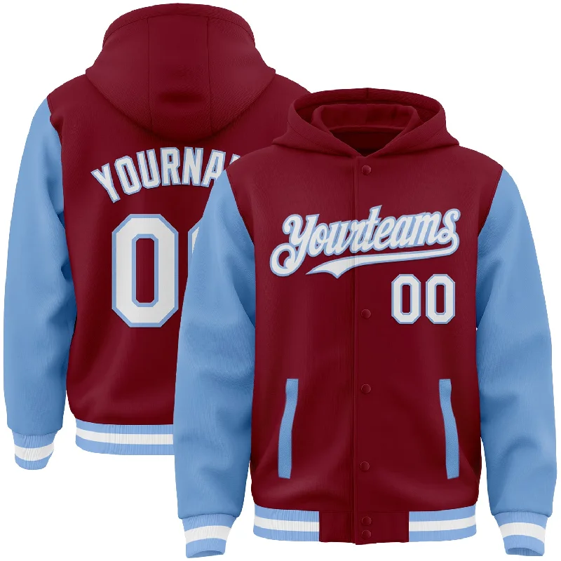 Fishing tackle box-Custom Crimson White-Light Blue Bomber Full-Snap Varsity Letterman Two Tone Hoodie Jacket