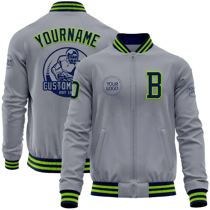 Fishing reel bearing lube-Custom Gray Navy-Neon Green Bomber Varsity Letterman Zipper Jacket