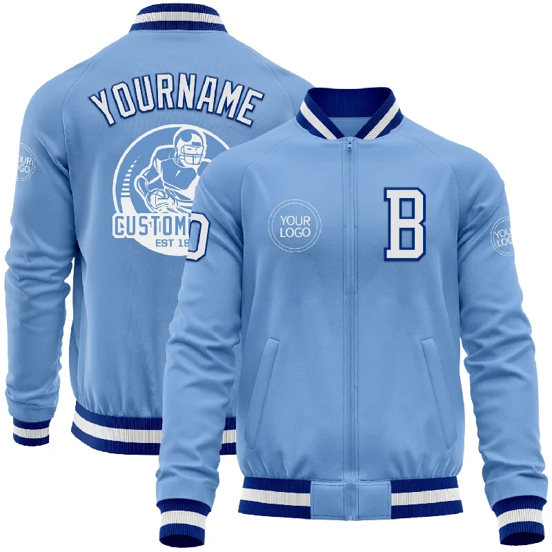 Fishing rod holder-Custom Light Blue White-Royal Bomber Varsity Letterman Zipper Jacket