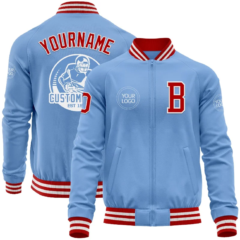 Fishing line clipper-Custom Light Blue Red-White Bomber Varsity Letterman Zipper Jacket