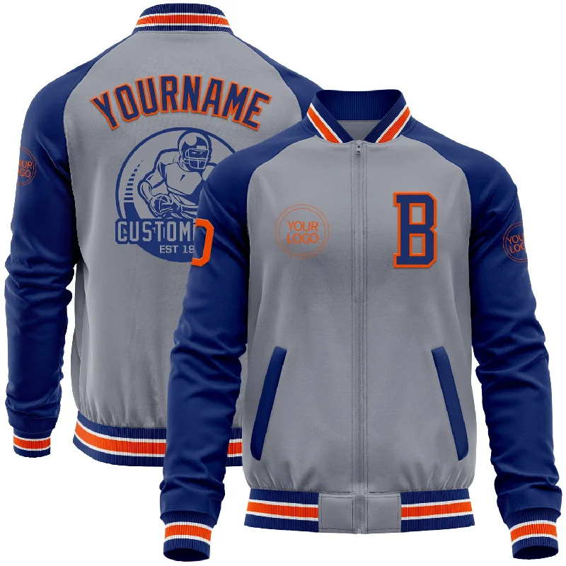 Fishing line spooler machine-Custom Gray Orange-Royal Bomber Varsity Letterman Two Tone Zipper Jacket