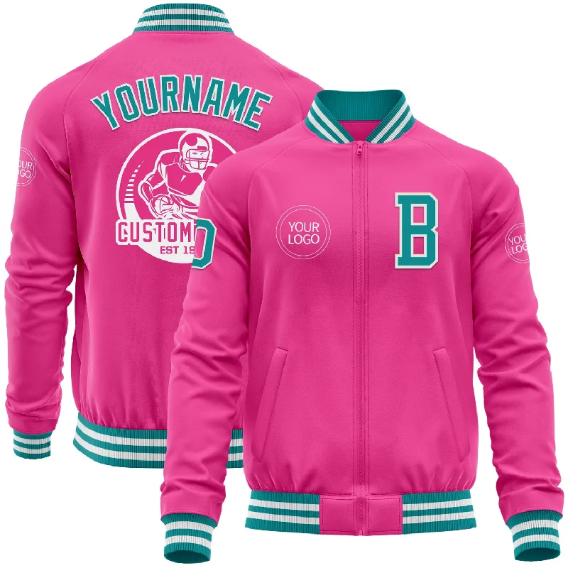 Fishing line depth finder-Custom Pink Teal-White Bomber Varsity Letterman Zipper Jacket