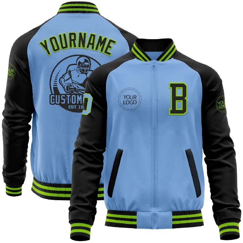 Fishing hook honing kit-Custom Light Blue Neon Green-Black Bomber Varsity Letterman Two Tone Zipper Jacket