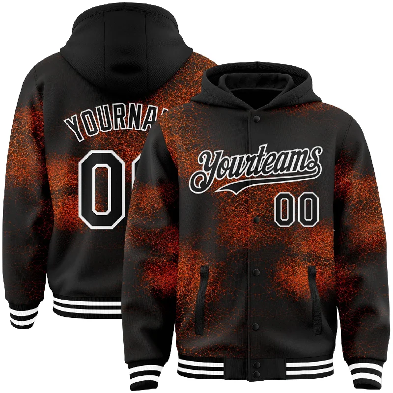 Fishing reel storage case-Custom Black Orange-White Abstract Network 3D Pattern Design Bomber Full-Snap Varsity Letterman Hoodie Jacket