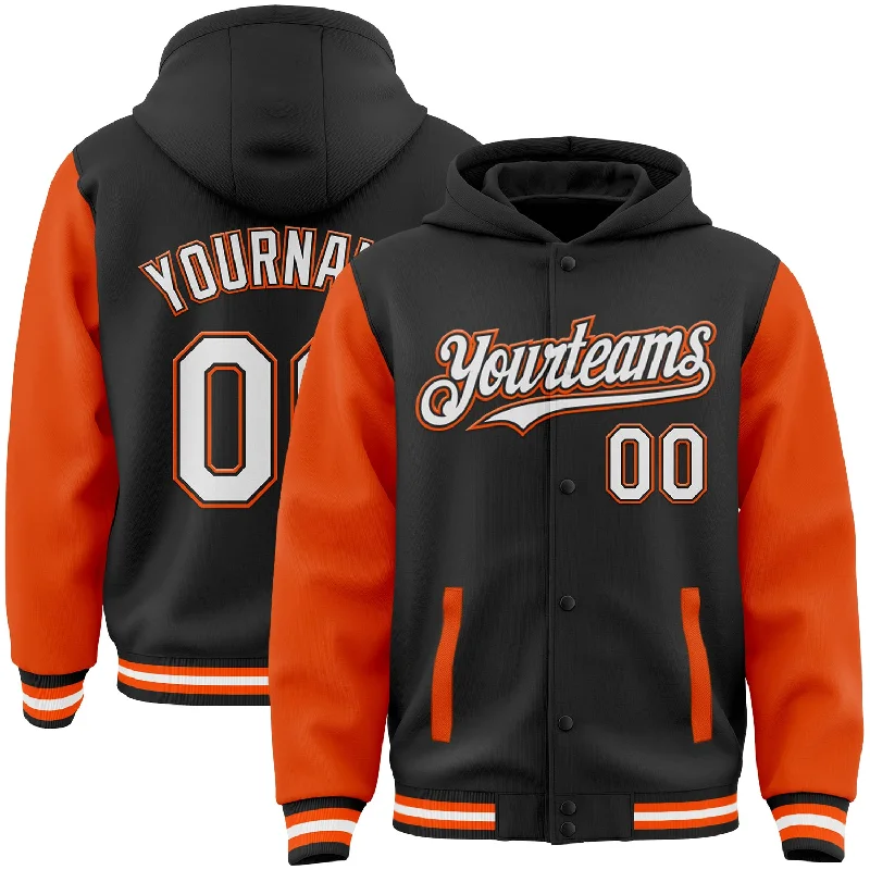 Fishing line cutter tool-Custom Black White-Orange Bomber Full-Snap Varsity Letterman Two Tone Hoodie Jacket