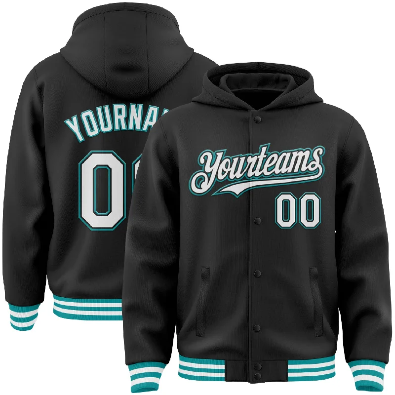 Fishing hook sharpening kit-Custom Black White-Teal Bomber Full-Snap Varsity Letterman Hoodie Jacket