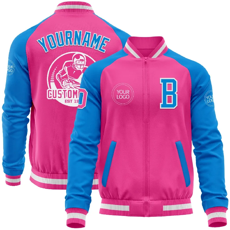 Fishing reel spool-Custom Pink White-Powder Blue Bomber Varsity Letterman Two Tone Zipper Jacket