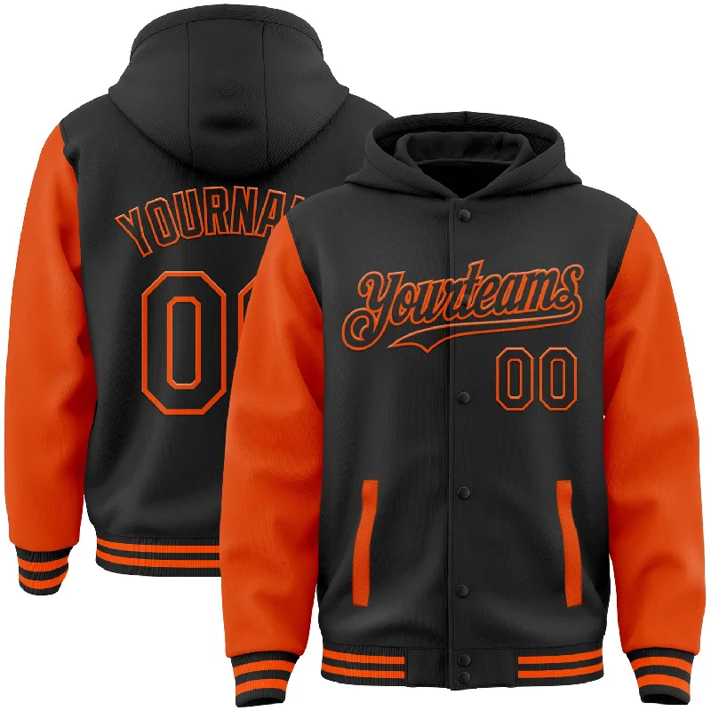 Fishing hook refinishing tool-Custom Black Orange Bomber Full-Snap Varsity Letterman Two Tone Hoodie Jacket