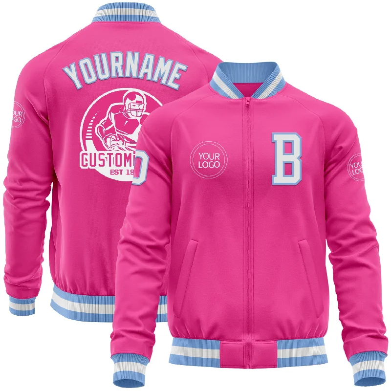 Fishing line spool holder-Custom Pink White-Light Blue Bomber Varsity Letterman Zipper Jacket