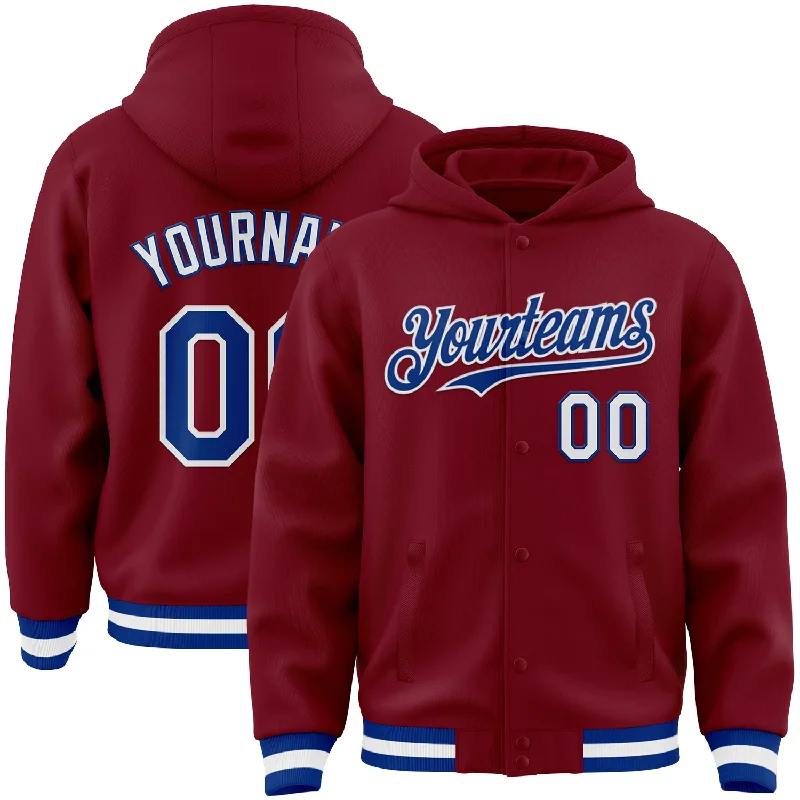 Fishing float stopper-Custom Crimson Royal-White Bomber Full-Snap Varsity Letterman Hoodie Jacket