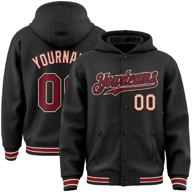 Fishing pliers with line cutter-Custom Black Crimson-City Cream Bomber Full-Snap Varsity Letterman Hoodie Jacket