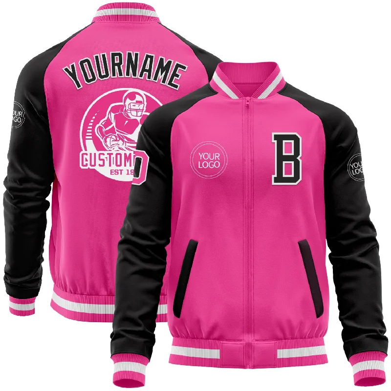 Fishing reel sleeve-Custom Pink White-Black Bomber Varsity Letterman Two Tone Zipper Jacket