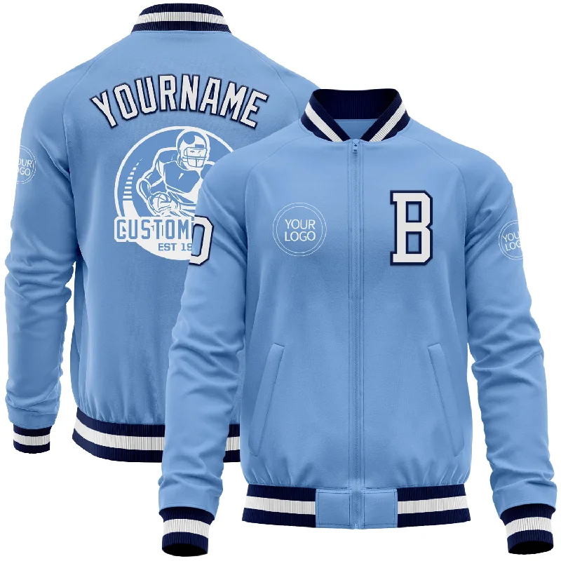 Fishing line spooler accessory-Custom Light Blue White-Navy Bomber Varsity Letterman Zipper Jacket