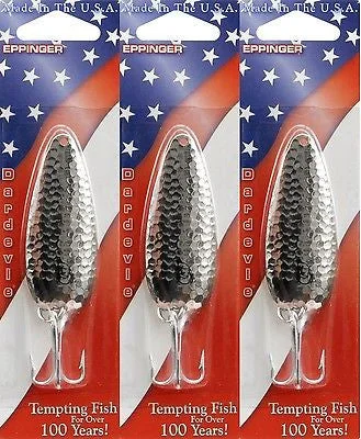 Fishing hook sharpening accessory-Three Eppinger Dardevle Hammered Nickel 3/4oz 162 Spoon Fishing Lures