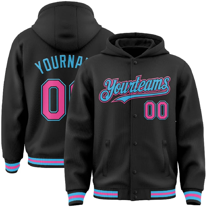 Fishing pliers with holster-Custom Black Pink-Sky Blue Bomber Full-Snap Varsity Letterman Hoodie Jacket