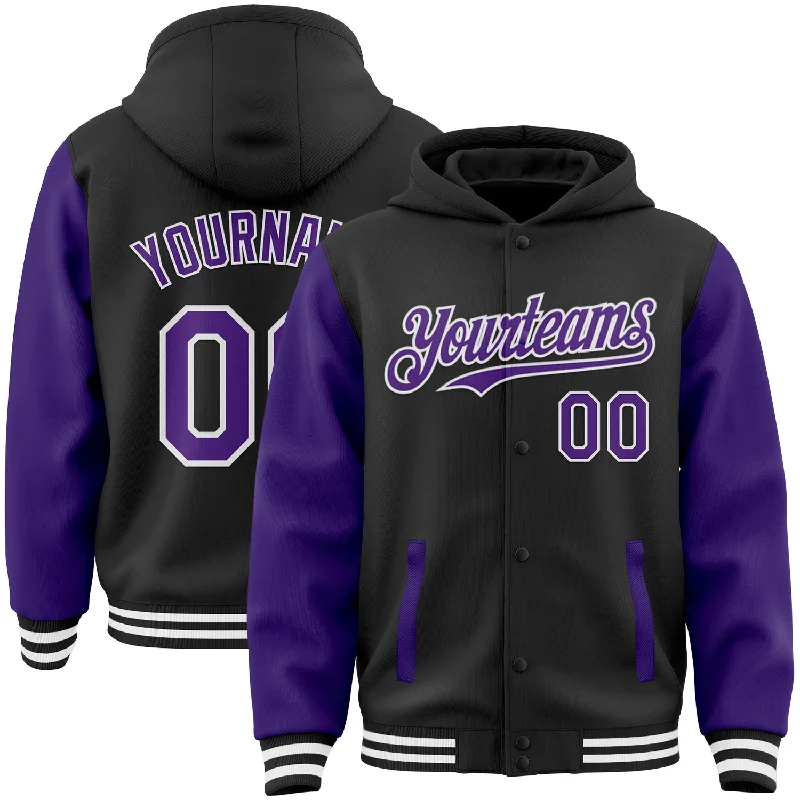 Fishing hook unhooking device-Custom Black Purple-White Bomber Full-Snap Varsity Letterman Two Tone Hoodie Jacket