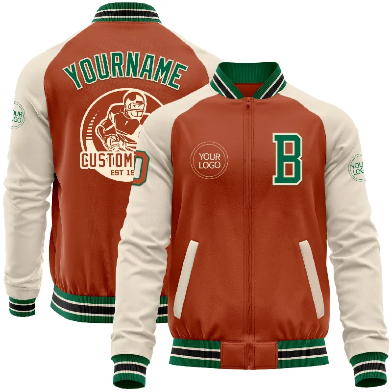 Fishing hook grinding stone-Custom Texas Orange Kelly Green Cream-Black Bomber Varsity Letterman Two Tone Zipper Jacket